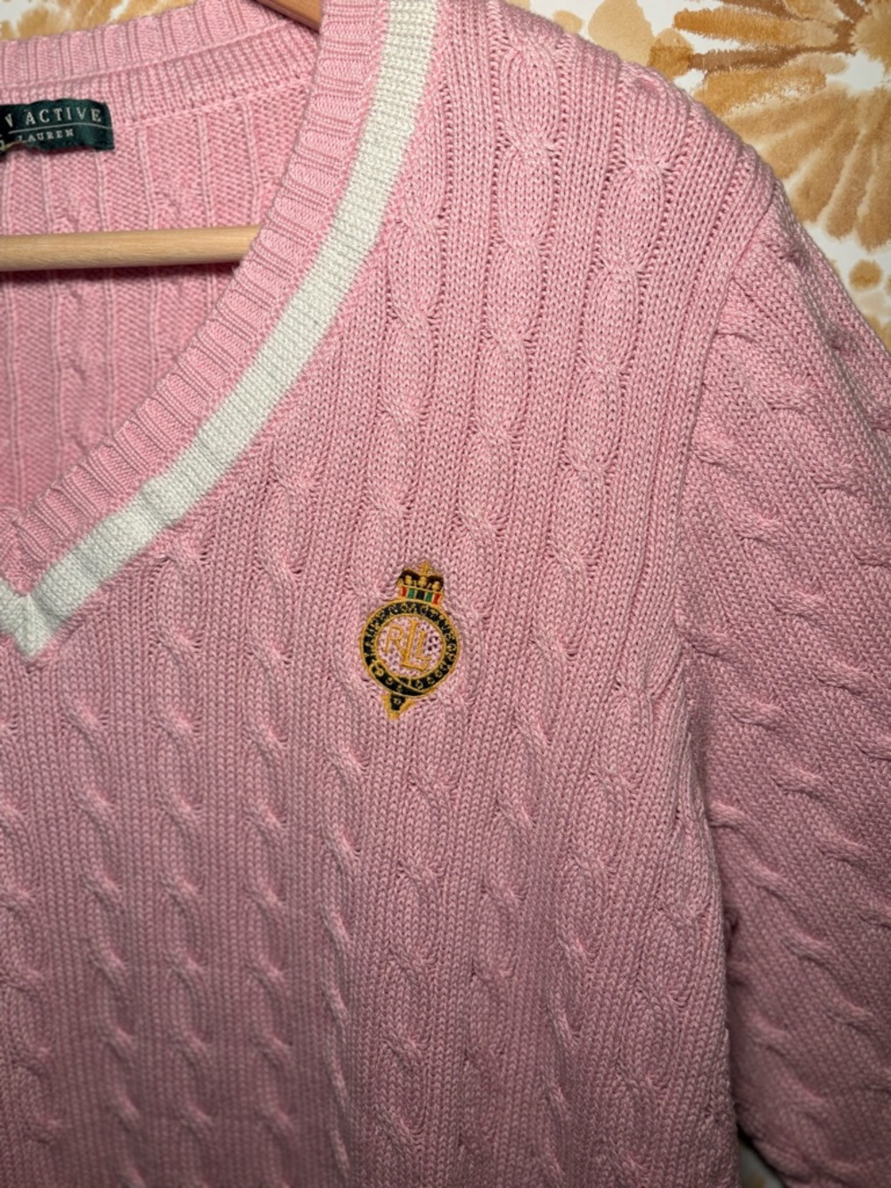 Lauren Active Vintage Pink Cable Knit V-Neck Sweater | Preppy Chic | Soft Cozy - Picture 2 of 5